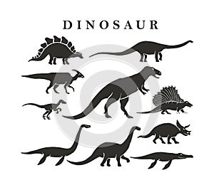Collection of dinosaur silhouettes vector isolated on white background.