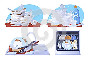Collection dirty and clean dishes vector flat illustration. Set of dishware covered by food spot