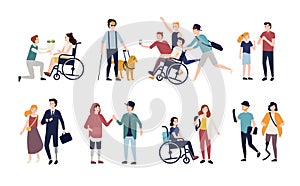 Collection of disabled people with their romantic partners and friends. Set of men and women with physical disorder or