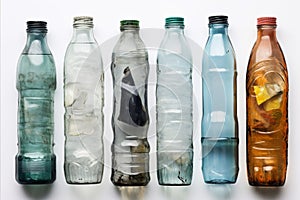 Collection of discarded plastic water bottles in various shapes and sizes on white background