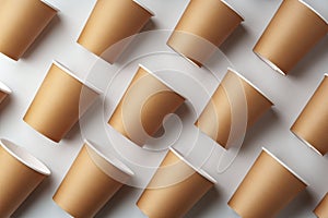 A collection of disposable paper cups arranged in a repeating pattern on a light background