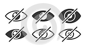 Collection Of Distinct Vector Eye Icons With A Diagonal Line Across It, Representing Themes Of Restriction, Avoidance