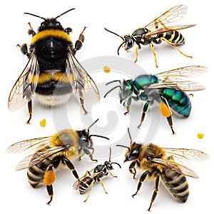 Collection of diverse bees and wasps on a white background