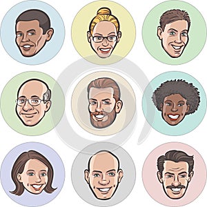 Collection of diverse cartoon vector people faces