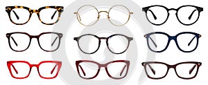 The collection of diverse eyeglasses in various styles and colors. AI generated image