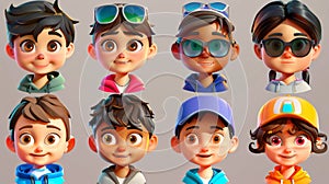 A collection of diverse kindergarten heads, happy student team portrait clipart. Kid avatar set, child face icon, modern