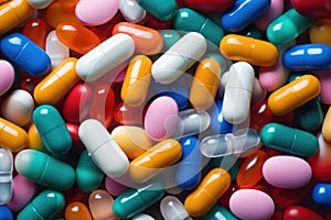 A collection of diverse pills in vivid colors, offering a range of medicinal options., Pile of colorful medicine pills and