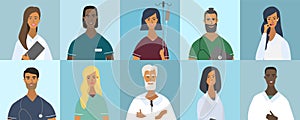 Collection of doctor portraits or avatars. Various faces: blonde, brunette, with beard, African American, trendy hairstyle.