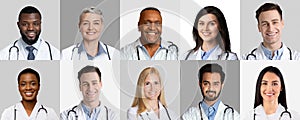 Collection Of Doctors And Nurses Headshots In Collage, Gray Backgrounds