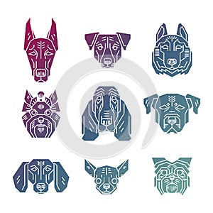 Collection of dog`s heads in simple geometric style.