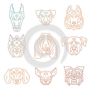 Collection of dog`s heads in simple geometric style.