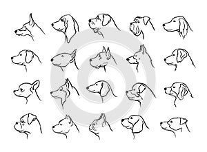 Collection of dogs heads profile side view portraits silhouettes in black
