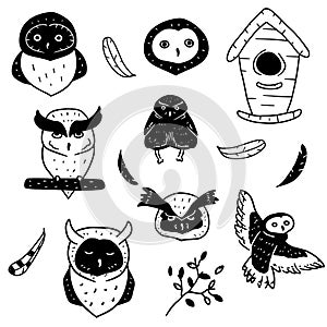 Collection of doodle black and white elements and owls on white background. Set of birds drawn in simple style. Nesting box owls