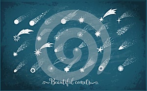 Collection of doodle comets, meteorites and shooting stars on blackboard background. Vector sketch illustration.