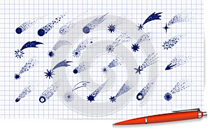 Collection of doodle comets, meteorites and shooting stars on lined paper background. Vector sketch illustration