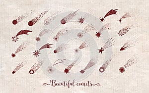 Collection of doodle comets, meteorites and shooting stars on vintage background. Vector sketch illustration.