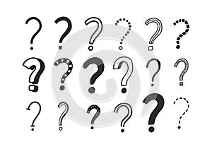 Collection of doodle drawings of question marks. Bundle of interrogation points hand drawn with black contour lines on