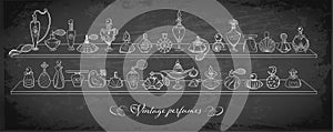 Collection of doodle perfume bottles on blackboard background. Vector sketch illistration