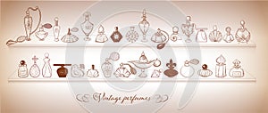 Collection of doodle perfume bottles in vintage style. Vector sketch illistration