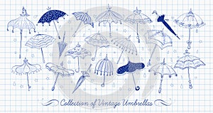 Collection of doodle vintage umbrellas on lined paper background. Vector blue pen sketch illustration.