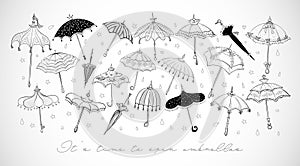 Collection of doodle vintage umbrellas on white background. Vector sketch illustration. Cute doodle coloring page.