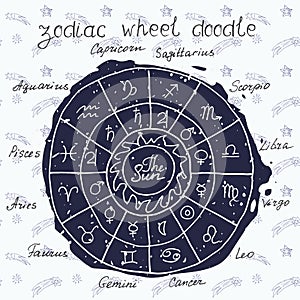 Collection of doodle zodiac signs. Hand drawn sketch Zodiac wheel vector illustration, Horoscopes Symbol icons graphics set