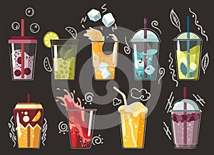 Collection of drawn drink. Various tasty sodas. Summer fruit smoothie drink with fruit flavors. Alcohol cocktails