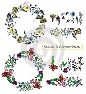 Collection of drawn romantic flowers with wreath, blade of grass, leaves, curls