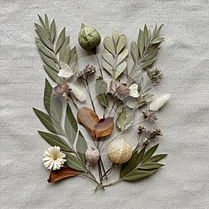 Collection of dried botanical elements is arranged artistically on a