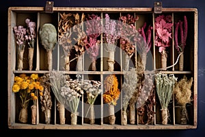 a collection of dried flower specimens in an old box