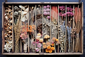 a collection of dried flower specimens in an old box