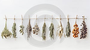 a collection of dried herbs and flowers hanging on a white wall