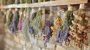 A collection of dried herbs hang from a wooden rack ready to be used in future herbal remedies