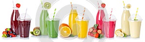 Collection of drinks drink beverages smoothie smoothies fruits fruit juice isolated on white