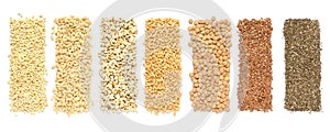 Collection of dry organic cereal and grain seeds consisted of barley, job\'s tear, flax seeds, lentils, and chia