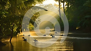 A collection of ducks floating on the surface of a river, Tropical river with animal silhouettes in the rainforest