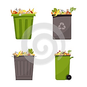 Collection of dumpsters filled with food waste. Illustration for organic waste, zero waste theme, modern environmental problem.