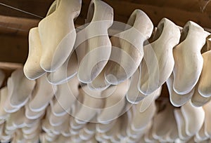 Collection of Dutch wooden shoes in a clog factory