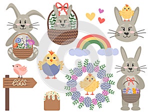 Collection of Easter bunnies, chicks, Easter eggs in a basket photo