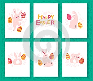 Collection of Easter congratulation holiday cards with funny cute bunny character smiling and decorated eggs isolated on with back