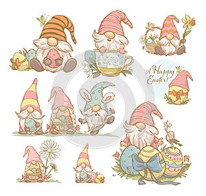 Collection of Easter designs with funny spring gnomes, easter eggs, bunny ears isolated.