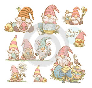 Collection of Easter designs with funny spring gnomes, easter eggs, bunny ears isolated. photo