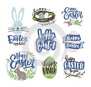 Collection of Easter letterings handwritten with cursive calligraphic font and decorated by eggs, pussy-willow branches