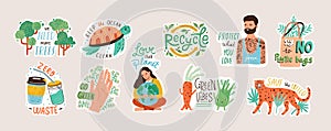 Collection of ecology stickers with slogans - zero waste, recycle, eco friendly tools, environment protection. Bundle of