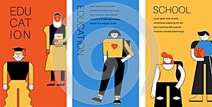 Collection of Education, Students, Teenagers geometric characters, illustrations. Education, learning, online school