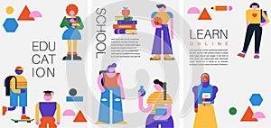 Collection of Education, Students, Teenagers geometric characters, illustrations. Education, learning, online school