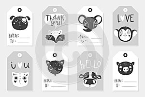 Collection Collection of eight cute childish ready-to-use gift tags with animalsof 8 baby shower posters, vector invites.