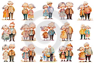 Collection of elderly couples. Cartoon grandparents clipart set, cute characters standing together, grandfather and grandmother,