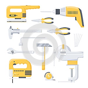 Collection of electric and mechanical power repair worker tools. Power tools. Hand tools.