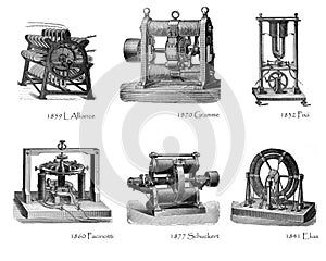 Collection of Electricity machine dynamo electric / motor machine / vintage illustration from Brockhaus Konversations-Lexikon 19